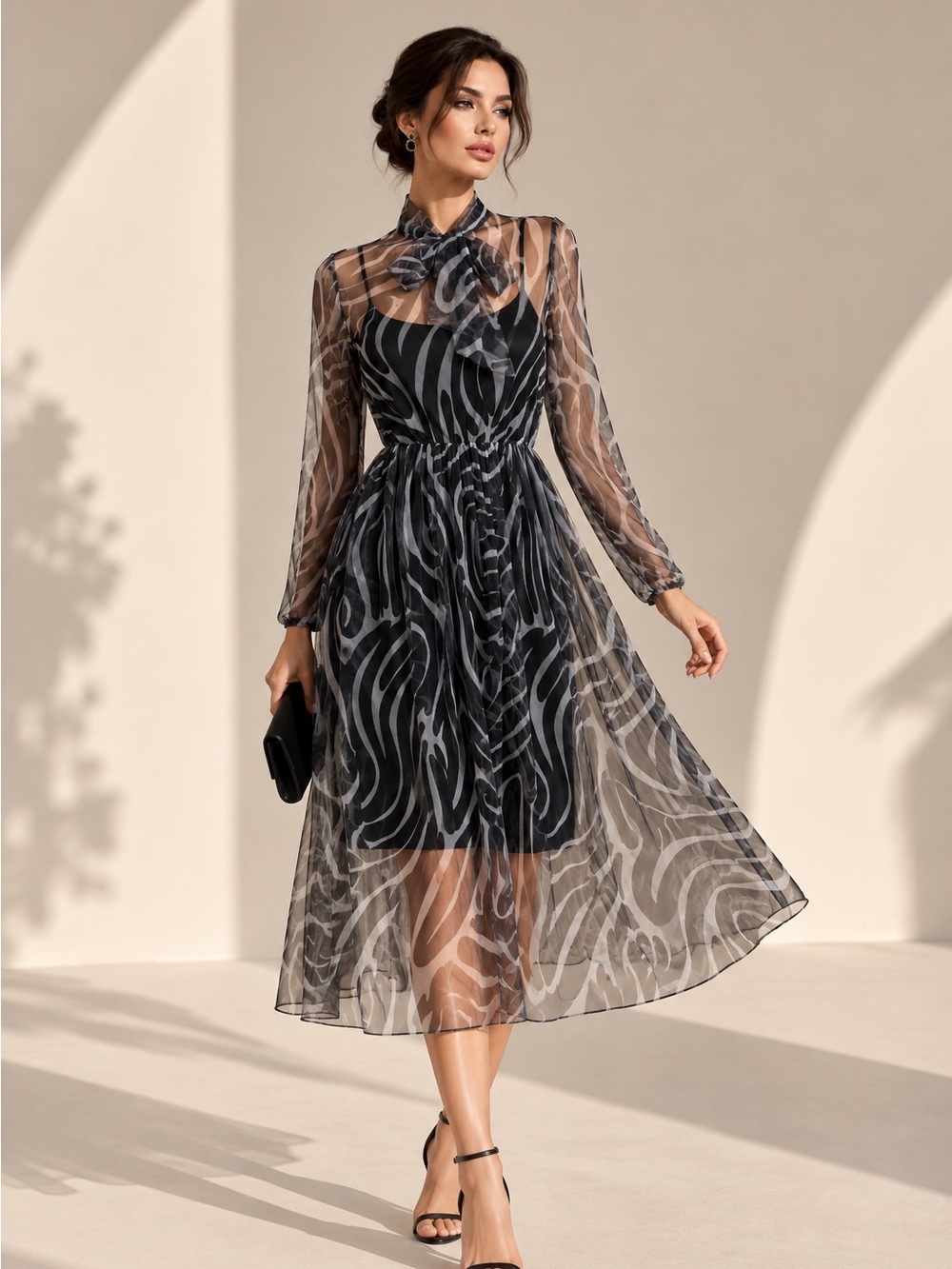Chiffon Tie-Neck Long Sleeve Black & Gray A-Line Dress